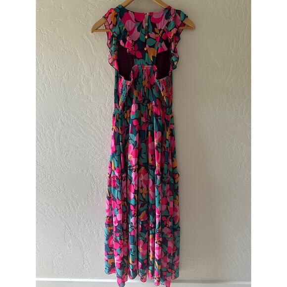 MELLODAY | Womens Colorful Midi Ruffled Tiered Smocked Bodice Dress Small Boho - Picture 4 of 15